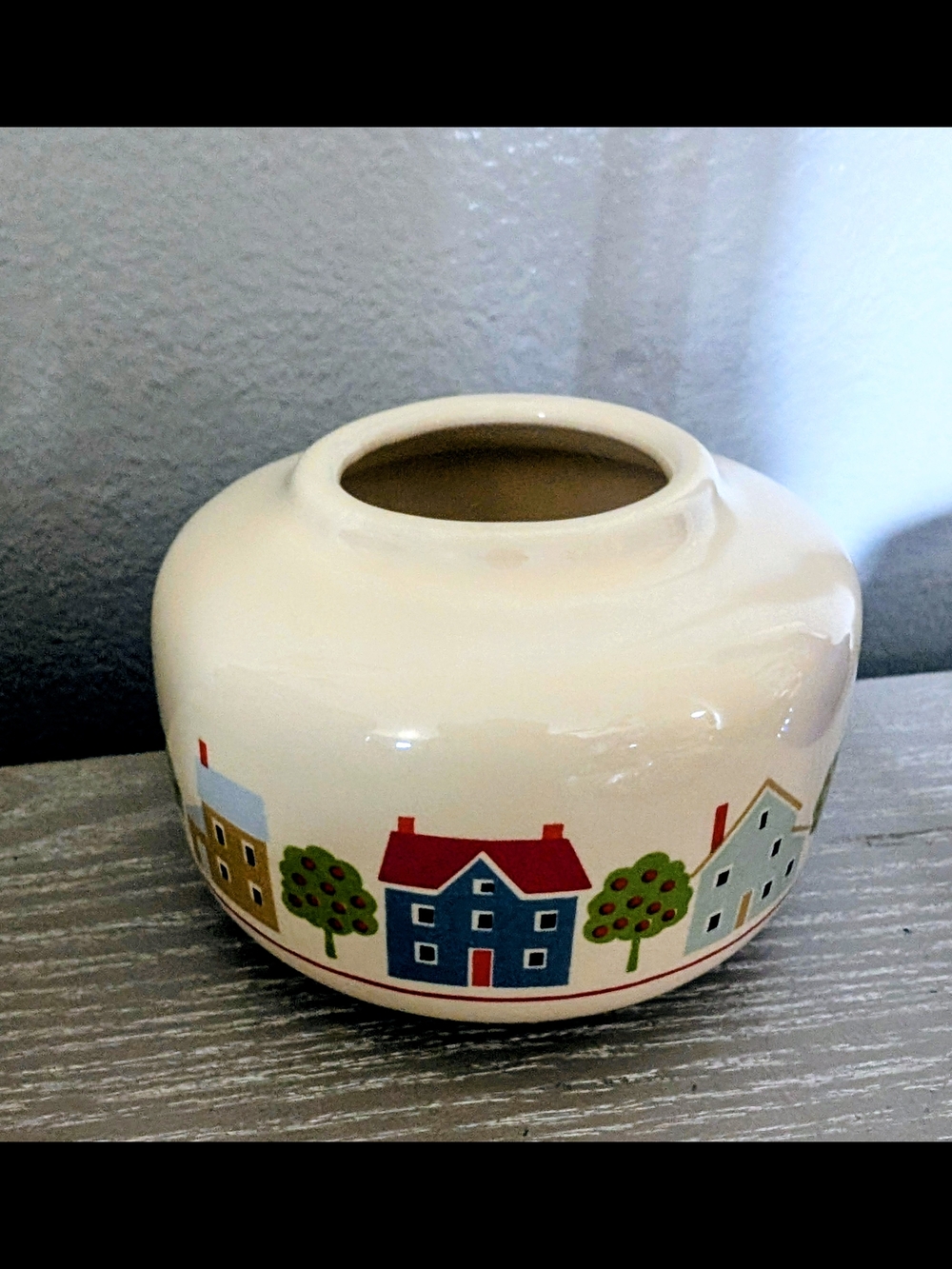 Cream Ceramic Decorative Vase with Colorful House Motif